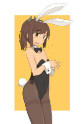 Rule 34 | 1girl, animal ears, black bow, black bowtie, black pantyhose, bow, bowtie, breasts, brown eyes, brown hair, detached collar, fake animal ears, i-401 (kancolle), kantai collection, kugui kiyunemu, leotard, pantyhose, playboy bunny, ponytail, rabbit ears, rabbit tail, sidelocks, simple background, sleeve cuffs, small breasts, solo, tan, thighband pantyhose