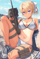 Rule 34 | 1girl, bare shoulders, beach, bikini, blonde girl (itou), blonde hair, blue eyes, blue footwear, blue jacket, blue sky, breasts, bullpup, cleavage, closed mouth, cloud, collarbone, commentary request, converse, day, gun, halterneck, highres, itou (onsoku tassha), jacket, looking at viewer, medium breasts, navel, original, outdoors, p90, parted bangs, red bull, shadow, shell casing, shoes, side-tie bikini bottom, sidelocks, sitting, sky, smile, sneakers, solo, stomach, string bikini, submachine gun, sweat, swimsuit, tan, thighs, weapon, white bikini