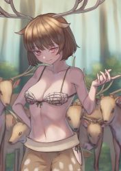 Rule 34 | 1girl, absurdres, animal, antlers, arm behind back, bare arms, bare shoulders, bra, breasts, brown eyes, brown hair, brown legwear, bush, character cutout, cleavage, collarbone, commentary request, day, deer, deer antlers, deer girl, deer tail, forest, highres, horns, looking at viewer, medium breasts, nature, navel, original, short hair, shorts, skeleton, solo, solo focus, standing, tail, tree, underwear, white bra, yorishiem
