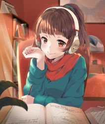 Rule 34 | 1girl, alarm clock, blue sweater, blurry, blurry foreground, blush, book, bookshelf, brown eyes, brown hair, calendar (object), clock, closed mouth, curtains, depth of field, desk, dot nose, fingernails, glint, hand up, headphones, highres, holding, holding pen, indoors, light particles, lofi girl, lofi girl (youtube), long sleeves, looking at viewer, nail polish, notebook, open book, painting (object), pen, pink nails, plant, ponytail, potted plant, red scarf, scarf, smile, solo, sweater, timo wei95, twitter username