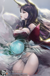 Rule 34 | 1girl, ahri (league of legends), animal ears, artist name, bad id, bad pixiv id, bamuth, bare shoulders, black hair, breasts, cleavage, detached sleeves, email address, facial mark, fox ears, fox tail, gradient background, korean clothes, large breasts, league of legends, lips, long hair, multiple tails, orb, panties, solo, tail, underwear, watermark, web address, whisker markings