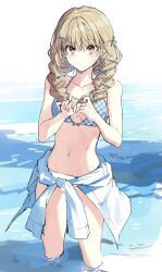 Rule 34 | 1girl, bikini, blonde hair, blue bikini, blush, breasts, closed mouth, clothes around waist, collarbone, dot mouth, drill hair, hair between eyes, hair ornament, hairclip, highres, holding, holding hair, long hair, looking at viewer, navel, orange eyes, original, small breasts, solo, standing, swimsuit, twin drills, wading, wata (attaka towel), water, x hair ornament