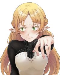 Rule 34 | 1girl, artist request, black sweater, blonde hair, blush, breasts, commentary request, ear blush, elf, fingernails, green eyes, highres, isekai ojisan, jewelry, long hair, looking to the side, medium breasts, nail polish, ornate ring, outstretched hand, pink nails, pointy ears, ring, solo, sui (isekai ojisan), sweater, turtleneck, turtleneck sweater, upper body, white background