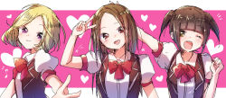 Rule 34 | 3girls, :d, ;d, back street girls, black hair, blonde hair, blush, bow, bowtie, brown eyes, brown hair, commentary request, facing viewer, head tilt, heart, heart background, highres, idol, long hair, looking at viewer, multiple girls, musical note, nyaa (nnekoron), one eye closed, open mouth, parted bangs, pink background, puffy short sleeves, puffy sleeves, purple eyes, red neckwear, short hair, short sleeves, sketch, smile, sugihara chika, tachibana mari, twintails, two-tone background, upper body, v, white background, wink, yamamoto aily, yamamoto airi, yellow eyes