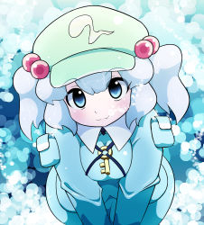 Rule 34 | 1girl, :3, blue eyes, blue hair, blush, breasts squeezed together, breasts, bubble, dress, eyelashes, from above, gachirin (mint0527), hair bobbles, hair ornament, hat, kawashiro nitori, key, large breasts, long sleeves, looking at viewer, matching hair/eyes, pocket, shirt, short hair, skirt, skirt set, smile, solo, touhou, twintails, two side up, underwater, wet, wet clothes