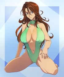 Rule 34 | 00s, 1girl, bare arms, bare legs, bare shoulders, barefoot, breasts, brown eyes, brown hair, cameltoe, cleavage, covered erect nipples, feet, female focus, full body, gradient background, green one-piece swimsuit, groin, gundam, gundam 00, hair between eyes, ichijiku, large breasts, legs, long hair, looking at viewer, matching hair/eyes, navel, one-piece swimsuit, parted lips, simple background, sitting, sleeveless, smile, solo, sumeragi lee noriega, swimsuit, thighs, toes, wavy hair