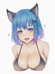 Rule 34 | 1girl, absurdres, animal ears, bad id, bad pixiv id, bikini, blue hair, blush, breasts, cat ears, cleavage, covered erect nipples, eyeshadow, fang, hair ornament, heart, highres, large breasts, liya nikorov, looking at viewer, makeup, mole, mole on breast, mole under eye, nipples, open mouth, original, purple eyes, red lips, see-through, short hair, signature, simple background, solo, swimsuit, tongue, upper body, white background, x hair ornament