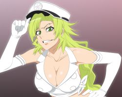 Rule 34 | 1girl, bleach, breasts, candice catnipp, cleavage, elbow gloves, gloves, green eyes, green hair, hat, large breasts, long hair, midriff, revealing clothes