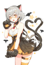 Rule 34 | 1girl, animal ears, animal hands, bare shoulders, bat (animal), blush, breasts, brown eyes, cat ears, cat tail, cleavage, collarbone, cowboy shot, dress, earrings, fang, girls&#039; frontline, grey hair, hair between eyes, hairband, hand up, highres, jewelry, looking at viewer, medium breasts, multiple tails, official alternate costume, open mouth, orange dress, orange thighhighs, paw pose, ronopu, short hair, simple background, single thighhigh, solo, star (symbol), starry background, tail, thigh strap, thighhighs, thighs, two tails, vector (girls&#039; frontline), vector (kitty paws) (girls&#039; frontline), white background