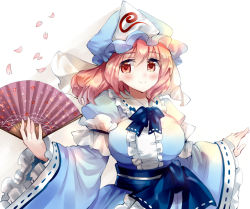 Rule 34 | 1girl, blue hat, blue kimono, blue ribbon, blush, breasts, center frills, closed mouth, collar, commentary request, eyes visible through hair, fingernails, floral print, folding fan, frilled collar, frilled sleeves, frills, hand fan, hat, holding, holding fan, japanese clothes, kimono, large breasts, long sleeves, looking at viewer, mob cap, nagare, neck ribbon, obi, orange eyes, petals, pink hair, ribbon, ribbon-trimmed collar, ribbon trim, saigyouji yuyuko, sash, shadow, short hair, simple background, smile, solo, tareme, touhou, triangular headpiece, upper body, veil, white background, wide sleeves