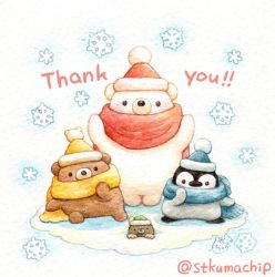 Rule 34 | artist name, bear, bird, black eyes, blue hat, blue scarf, blush, english text, green hat, hat, looking at viewer, mole, no humans, original, penguin, polar bear, red hat, red scarf, scarf, signature, snow, snowflakes, st.kuma, standing, yellow hat, yellow scarf