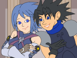 Rule 34 | 1boy, 1girl, aged down, aqua (kingdom hearts), armor, bare shoulders, black hair, blue eyes, blue hair, commentary, crisis core final fantasy vii, crossed arms, english commentary, eye contact, eyelashes, final fantasy, final fantasy vii, gloves, ian dimas, kingdom hearts, kingdom hearts birth by sleep, link: the faces of evil, looking at another, nail polish, parody, parted lips, pillar, smile, spiked hair, style parody, the legend of zelda, the legend of zelda (cd-i), zack fair