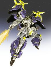 Rule 34 | beam saber, energy sword, gradient background, gundam, gundam aesculapius, gundam wing, gundam wing dual story: g-unit, highres, holding, holding sword, holding weapon, looking down, mecha, mobile suit, niidan, no humans, open hand, robot, science fiction, solo, sword, v-fin, weapon, yellow eyes