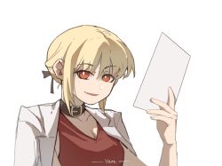 Rule 34 | 1girl, blonde hair, bright pupils, chinese commentary, collar, commentary request, dress, hair up, highres, holding, holding paper, jacket, jacket on shoulders, looking at viewer, lycoris recoil, nishikigi chisato, paper, parted lips, red dress, red eyes, simple background, sleeveless, sleeveless dress, smile, solo, sunglasses, upper body, white background, white jacket, white pupils, yanlingjinshilihuahua