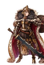Rule 34 | 10s, 1boy, alpha transparency, armor, brown eyes, brown hair, cape, full body, fur-trimmed cape, fur trim, gran (granblue fantasy), granblue fantasy, helmet, male focus, minaba hideo, official art, outstretched arm, red cape, shield, short hair, solo, sword, transparent background, weapon, weapon master (granblue fantasy)