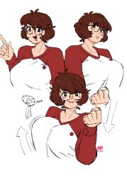 1boy, 1girl, arrow (symbol), artist self-insert, biting, bouncing breasts, breasts, brown eyes, brown hair, clenched hand, collarbone, commentary, english commentary, glasses, highres, large breasts, lip biting, looking at viewer, looking up, open mouth, original, pointing, pointing up, red sweater, short hair, sketch, snowcie, snowciel, sparkling eyes, sweater, two-tone sweater, white sweater