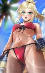 Rule 34 | 1girl, bikini, blonde hair, blue sky, breasts, fate (series), green eyes, hair ornament, hair scrunchie, highres, holding, holding surfboard, kos-owl, long hair, looking at viewer, mordred (fate), mordred (fate) (all), mordred (fate/apocrypha), mordred (swimsuit rider) (fate), navel, open mouth, palm tree, parted bangs, ponytail, prydwen (fate), red bikini, scrunchie, sidelocks, sky, small breasts, solo, surfboard, swimsuit, tree