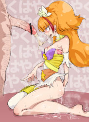 Rule 34 | 1boy, 1girl, absurdres, amanogawa kirara, bar censor, blush, boots, censored, choker, clothed female nude male, condom, condom wrapper, cum, cum string, cure twinkle, dress, fellatio, go! princess precure, hetero, highres, magical girl, masturbation, multicolored hair, nude, oral, orange hair, penis, penis awe, precure, puddle, purple eyes, pussy juice, single thighhigh, smile, solo focus, sweat, tears, thigh boots, thighhighs, tongue, tongue out, torn clothes, two-tone hair, valtor, white thighhighs