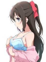 Rule 34 | 1girl, blue bra, blue eyes, blush, borgbutler, bra, breasts, brown hair, cleavage, commentary request, hair ribbon, highres, long hair, looking at viewer, love live!, love live! nijigasaki high school idol club, medium breasts, navel, open clothes, open mouth, open shirt, osaka shizuku, pink shirt, ponytail, profile, red ribbon, ribbon, shirt, underwear, undressing, upper body, white background