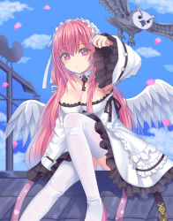 Rule 34 | 1girl, animal, azur lane, bird, blue hairband, blue sky, boots, breasts, cleavage, closed mouth, cloud, day, detached sleeves, dress, feathered wings, frilled dress, frilled hairband, frills, hair between eyes, hairband, long hair, long sleeves, looking at viewer, low wings, medium breasts, outdoors, owl, panties, perseus (azur lane), petals, photoshop (medium), pink eyes, pink hair, revision, rooftop, sitting, sky, sleeves past wrists, solo, strapless, strapless dress, thigh boots, thighhighs, tukino neru, underwear, very long hair, white dress, white footwear, white panties, white sleeves, white thighhighs, white wings, wide sleeves, wings