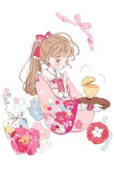 Rule 34 | 1girl, :o, apron, blue eyes, blunt bangs, blush stickers, bow, bowl, bowtie, brown hair, chinese clothes, collar, collared dress, dress, eyelashes, eyeshadow, floral print, frilled apron, frilled bow, frills, gift, gloves, hair bow, half-closed eyes, heart, holding, holding tray, lid, long hair, long sleeves, looking at object, loose hair strand, makeup, original, parted lips, pink bow, pink bowtie, pink dress, pink eyeshadow, pink ribbon, pom pom (clothes), ponytail, putong xiao gou, red lips, ribbon, solo, steam, straight hair, tray, upper body, white apron, white background, white collar, white gloves, wide sleeves