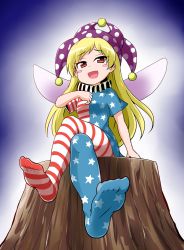 Rule 34 | 1girl, american flag dress, american flag legwear, blonde hair, blue background, blush stickers, clownpiece, commentary request, crossed legs, dress, feet, female focus, foot focus, from below, full body, gradient background, hat, jester cap, kousei (public planet), long hair, looking at viewer, neck ruff, no shoes, open mouth, pantyhose, polka dot, purple hat, red eyes, short dress, short sleeves, sitting, smile, soles, solo, star (symbol), star print, striped clothes, striped dress, striped pantyhose, toes, touhou, tree stump, very long hair, white background