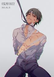 Rule 34 | 1boy, abs, arms behind back, bandaged head, bandages, black footwear, black hair, black necktie, black pants, blood, blood on face, bruise, bruise on face, bruised eye, chain, chrollo lucilfer, closed mouth, collarbone, collared shirt, cuts, dated, dress shirt, earrings, feet out of frame, grey background, hair between eyes, headband, highres, hunter x hunter, injury, jewelry, kariki hajime, kneeling, long sleeves, looking at viewer, male focus, messy hair, necktie, pants, restrained, revealing layer, shirt, shoes, short hair, smile, smirk, solo, toned, toned male, torn clothes, torn shirt, white shirt