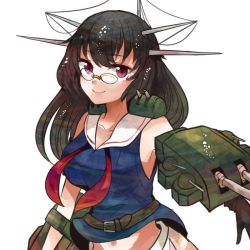 Rule 34 | 10s, 1girl, anti-aircraft, anti-aircraft gun, bad id, bad twitter id, black hair, breasts, cannon, choukai (kancolle), glasses, gloves, hair ornament, itomugi-kun, kantai collection, large breasts, long hair, midriff, pleated skirt, red eyes, rimless eyewear, school uniform, skirt, smile, solo, turret