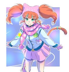 Rule 34 | 1girl, animal hat, aqua eyes, cat girl, cat hat, cat tail, commentary, earrings, hat, ice skates, iesupa, jacket, jewelry, mittens, neon katt, orange hair, pink hat, pink skirt, rwby, scarf, skates, skirt, smile, solo, tail, thighs, twintails