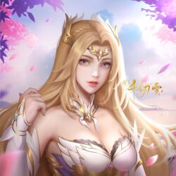 Rule 34 | 1girl, artist request, bare shoulders, blonde hair, blue eyes, braid, closed mouth, cloud, detached collar, detached sleeves, douluo dalu, dress, falling petals, highres, leaf, long hair, looking at viewer, petals, qian renxue (douluo dalu), second-party source, solo, tiara, upper body, white dress