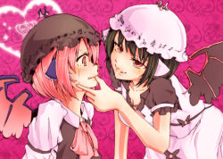 Rule 34 | 2girls, alternate color, animal ears, black hair, breasts, cleavage, dark persona, dual persona, female focus, forced, grabbing another&#039;s chin, hand on another&#039;s chin, hat, jakkun, kiss, lasvegas, leaning forward, molestation, mouth hold, multiple girls, mystia lorelei, pink eyes, pink hair, red eyes, saliva, saliva trail, selfcest, small breasts, tears, touhou, wings, yuri