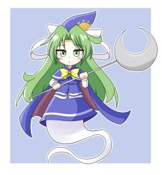 Rule 34 | 1girl, blue hat, cape, ghost, ghost tail, green eyes, green hair, hat, holding, holding wand, long hair, mima (touhou), touhou, wand, wizard hat, zenji029
