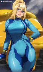 Rule 34 | 1girl, absurdres, alternate breast size, blonde hair, blue eyes, blush, bodysuit, breasts, contrapposto, covered navel, cowboy shot, echo saber, hand on own hip, head tilt, highres, large breasts, metroid, nintendo, pink lips, ponytail, rock, samus&#039;s gunship, samus aran, skin tight, solo, swept bangs, thick thighs, thigh gap, thighs, wide hips, wristband, zero suit