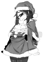 Rule 34 | 1girl, arms at sides, blush, breasts, breasts out, closed mouth, cowboy shot, cyclops, dress, fur-trimmed dress, fur-trimmed headwear, fur trim, grabbing, grabbing from behind, greyscale, hat, head tilt, highres, long hair, long sleeves, looking at viewer, monochrome, muku-chan (muroku), muroku (aimichiyo0526), nipples, one-eyed, original, pantyhose, santa hat, simple background, small breasts, solo, standing, wavy mouth, white background
