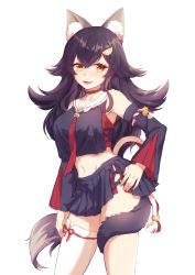 Rule 34 | 1girl, aesice, animal ear fluff, animal ears, armpits, bare shoulders, bell, black hair, black shirt, black skirt, black sleeves, blush, choker, collarbone, contrapposto, cowboy shot, cropped shirt, detached sleeves, eyelashes, fang, flipped hair, grey hair, groin, hair between eyes, hair ornament, hairclip, hand on own hip, highres, hip bones, hololive, jingle bell, kouhaku nawa, long hair, looking at viewer, low-tied long hair, midriff, miniskirt, multicolored hair, navel, neckerchief, ookami mio, ookami mio (1st costume), open mouth, pleated skirt, red choker, red hair, red neckerchief, rope, sailor collar, sailor shirt, shimenawa, shirt, side slit, sidelocks, simple background, single thighhigh, skin fang, skirt, sleeveless, smile, solo, streaked hair, tail, tail around own leg, tail wrap, thighhighs, very long hair, virtual youtuber, white background, white thighhighs, wolf ears, wolf girl, wolf tail, yellow eyes