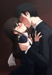 Rule 34 | 1boy, 1girl, arm grab, black hair, blush, breath, brown eyes, brown hair, couple, faceless, faceless male, formal, french kiss, heart, hetero, hijikata keisuke, kiss, long hair, long sleeves, necktie, null (nyanpyoun), profile, sakamoto mio, scarf, shaded face, strike witches, suit, sweat, trembling, white scarf, world witches series