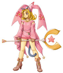 Rule 34 | 1girl, animal ears, blonde hair, boots, brown hair, cat ears, cat girl, dress, facing viewer, female focus, gloves, hair ornament, hat, holding, jewelry, long sleeves, looking to the side, magical girl, magician, marl kingdom, multiple girls, myao (marl kingdom), necklace, nippon ichi, official art, pink dress, rhapsody, simple background, smile, solo, staff, standing, star (symbol), tail, white background