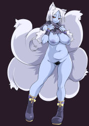 Rule 34 | 1girl, animal ears, blue skin, boots, bracelet, breasts, colored skin, dog ears, female pubic hair, fur, fur trim, inverted nipples, jewelry, kumacchi, large breasts, monster girl, multiple tails, nail polish, naked scarf, navel, nipples, no bra, nude, plump, pubic hair, red eyes, scarf, scyllei, shinrabanshou, smile, solo, tail, white hair