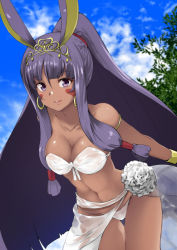 Rule 34 | 1girl, bent over, blush, breasts, cleavage, dark-skinned female, dark skin, fate/grand order, fate (series), large breasts, leaning forward, long hair, looking at viewer, navel, nitocris (fate), nitocris (fate/grand order), nitocris (swimsuit assassin) (fate), nitocris (swimsuit assassin) (third ascension) (fate), noa (nagareboshi), parted lips, purple eyes, purple hair, smile, solo
