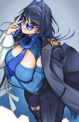 Rule 34 | 1girl, absurdres, arm under breasts, blue background, blue eyes, blue hair, blue necktie, blue pants, blue shirt, breasts, chain, chain earrings, coat, coat on shoulders, collared shirt, detached pants, detached sleeves, h4kuuua 0, hair intakes, highres, hololive, hololive english, large breasts, necktie, official alternate hairstyle, ouro kronii, ouro kronii (4th costume), pants, shirt, solo, sunglasses, two-sided coat, two-sided fabric, virtual youtuber, w, wolf cut