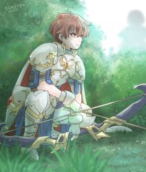 Rule 34 | 1boy, armor, arrow (projectile), artist name, blurry, blurry foreground, bow (weapon), breastplate, brown eyes, brown hair, bush, byakkos, closed mouth, commentary request, dated, eyelashes, fingerless gloves, fire emblem, fire emblem: thracia 776, full body, gloves, gold trim, greaves, highres, holding, holding bow (weapon), holding weapon, leif (fire emblem), male focus, nintendo, on grass, pauldrons, short hair, shoulder armor, sky, solo, squatting, twitter username, weapon, white gloves, white sky