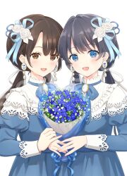 Rule 34 | 2girls, :d, animification, blue dress, blue eyes, blue flower, blue hair, bouquet, brown eyes, brown hair, commentary request, dark blue hair, dress, flower, hair flower, hair ornament, hair ribbon, holding, holding bouquet, lace, lace-trimmed dress, lace trim, link! like! love live!, long hair, long sleeves, looking at viewer, love live!, low twintails, multiple girls, murano sayaka, open mouth, pleasure feather (love live!), ribbon, rose, simple background, sleeve cuffs, smile, twintails, upper body, voice actor, voice actor connection, white background, white flower, white ribbon, white rose, yutuki ame