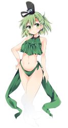 Rule 34 | 1girl, adapted costume, bare arms, bare legs, bare shoulders, bikini, bikini bottom only, blush, breasts, commentary request, crop top, full body, ghost tail, green bikini, green eyes, green hair, hair between eyes, hand on own hip, hat, highres, maturiuta sorato, medium breasts, midriff, navel, short hair, simple background, soga no tojiko, solo, swimsuit, tate eboshi, thighs, touhou, white background