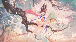 Rule 34 | 1girl, :d, ankle flower, artist name, atdan, bare legs, barefoot, blush, branch, brown hair, chinese clothes, dress, falling petals, flower, full body, hair ears, hair flower, hair ornament, hair rings, highres, in tree, long hair, long sleeves, looking at viewer, open mouth, original, petals, sitting, sitting in tree, smile, solo, tree, wide sleeves, yellow dress