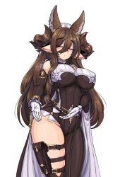 Rule 34 | 1girl, animal ears, barbariank, black dress, blush, breasts, brown hair, closed eyes, commentary, cowboy shot, detached sleeves, dress, earrings, english commentary, extra ears, galleon (granblue fantasy), gloves, granblue fantasy, groin, hair between eyes, highres, holster, horns, impossible clothes, jewelry, large breasts, long hair, multicolored hair, pelvic curtain, pointy ears, raised eyebrows, simple background, single earring, sleeveless, sleeveless dress, solo, streaked hair, thigh holster, thighs, turtleneck, white background, white gloves