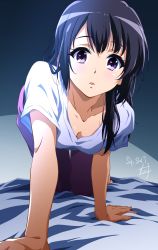 Rule 34 | 10s, 1girl, all fours, black hair, breasts, cleavage, commentary, dated, downblouse, foreshortening, hibike! euphonium, highres, kousaka reina, long hair, looking at viewer, medium breasts, nii manabu, purple eyes, short sleeves, sidelocks, signature, solo