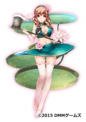 Rule 34 | 1girl, axe, bare shoulders, breasts, brown hair, center opening, circle skirt, cleavage, cleavage cutout, clothing cutout, copyright name, elbow gloves, flower, flower knight girl, full body, gloves, hair flower, hair ornament, highres, holding, large breasts, long hair, looking at viewer, midriff, monety, navel, ooonibasu (flower knight girl), purple eyes, shoes, simple background, smile, solo, standing, thighhighs, weapon, white background, white gloves, zettai ryouiki