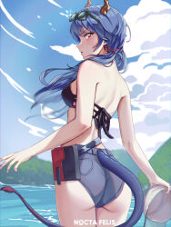 Rule 34 | 1girl, arknights, ass, bare arms, bare back, bare shoulders, blue hair, blue shorts, blue sky, ch&#039;en (arknights), ch&#039;en the holungday (arknights), cloud, commentary request, cowboy shot, day, dragon horns, dragon tail, eyewear on head, hat, unworn hat, unworn headwear, highres, holding, holding clothes, holding hat, horns, long hair, looking at viewer, nocta felis, red eyes, short shorts, shorts, sky, solo, standing, sunglasses, tail, thighs