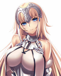 Rule 34 | 1girl, bare shoulders, blonde hair, blue eyes, breasts, chain, cleavage, closed mouth, eyes visible through hair, fate/grand order, fate (series), head tilt, headpiece, highres, jeanne d&#039;arc (fate), jeanne d&#039;arc (ruler) (fate), jeanne d&#039;arc (third ascension) (fate), large breasts, long hair, looking at viewer, simple background, smile, solo, straight hair, takanashi-a, very long hair, white background