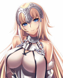 1girl bare_shoulders blonde_hair blue_eyes breasts chain cleavage closed_mouth eyes_visible_through_hair fate/grand_order fate_(series) female_focus head_tilt headpiece highres jeanne_d&#039;arc_(fate) jeanne_d&#039;arc_(ruler)_(fate) jeanne_d&#039;arc_(third_ascension)_(fate) large_breasts long_hair looking_at_viewer simple_background smile solo straight_hair takanashi-a very_long_hair white_background